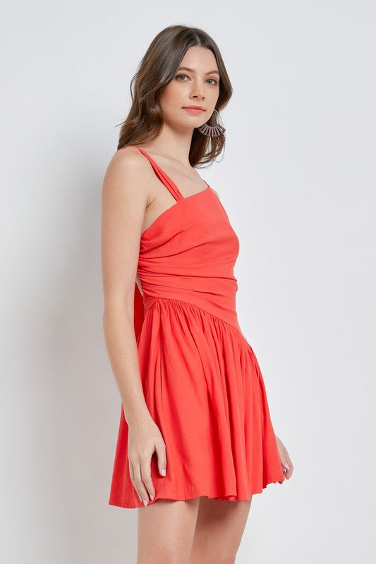 OPEN BACK ORANGE RUCHED DRESS