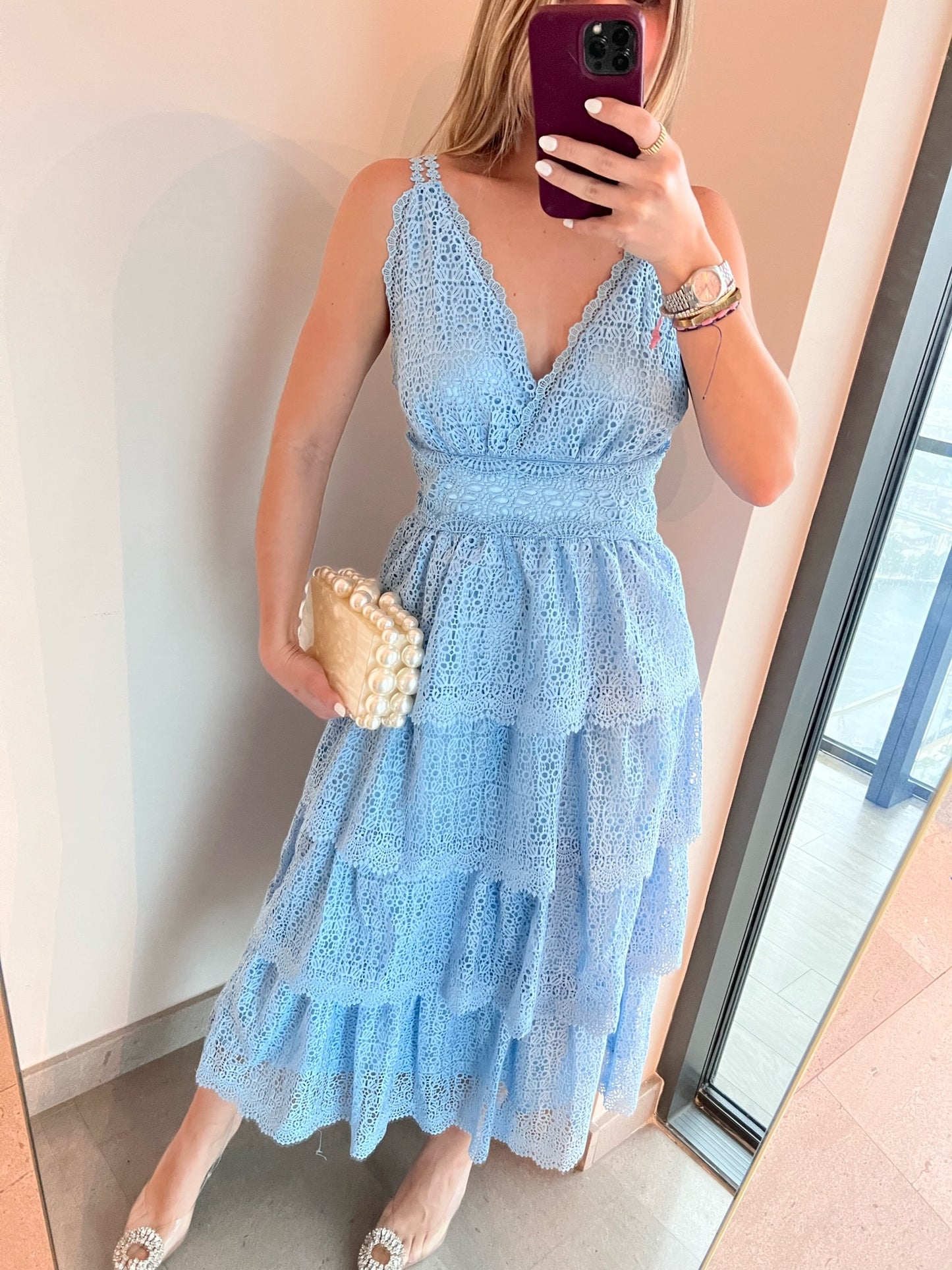 BLUE CROCHET MIDI DRESS
